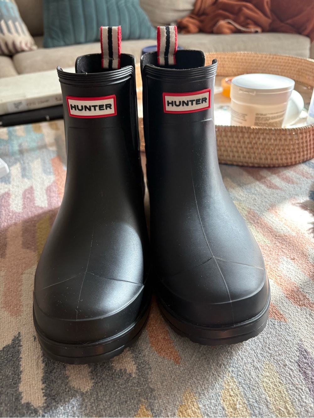 Hunter Black Short Ankle Rain Boots with Red Logo Trim